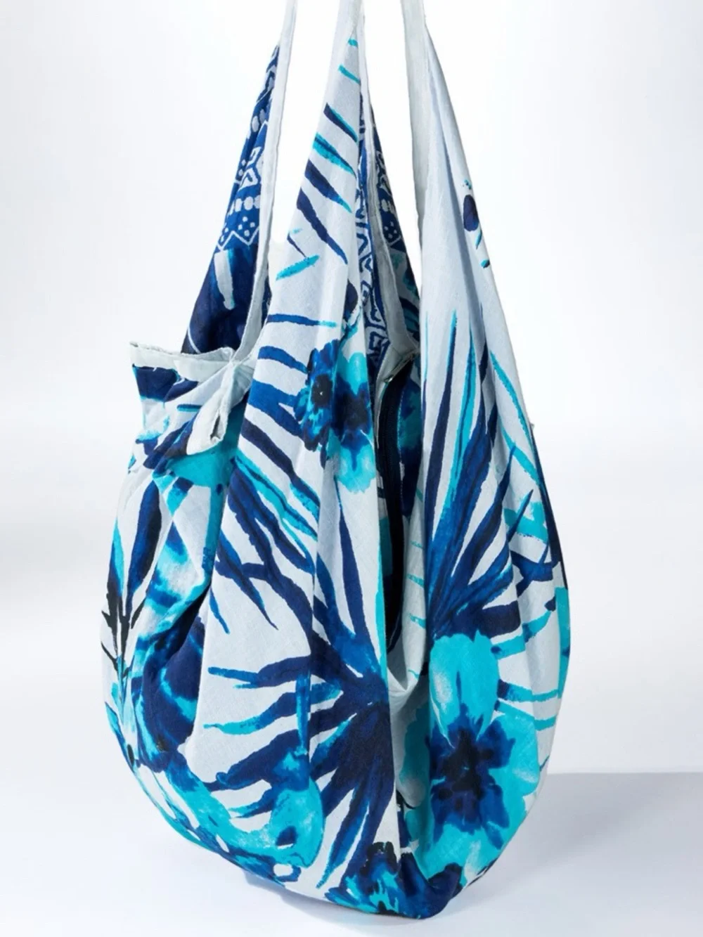 Blue Floral Canvas Shoulder Bag - Casual Tote